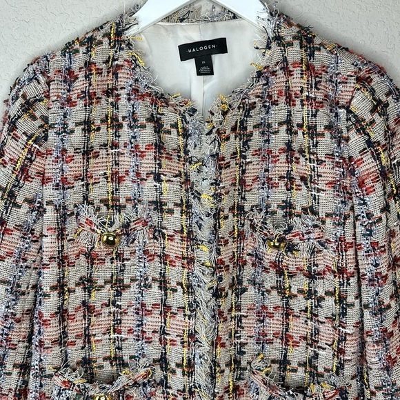 Halogen Tan Elsie Tweed Multicolored Frayed Edge Jacket Size Medium - Picture 3 of 11